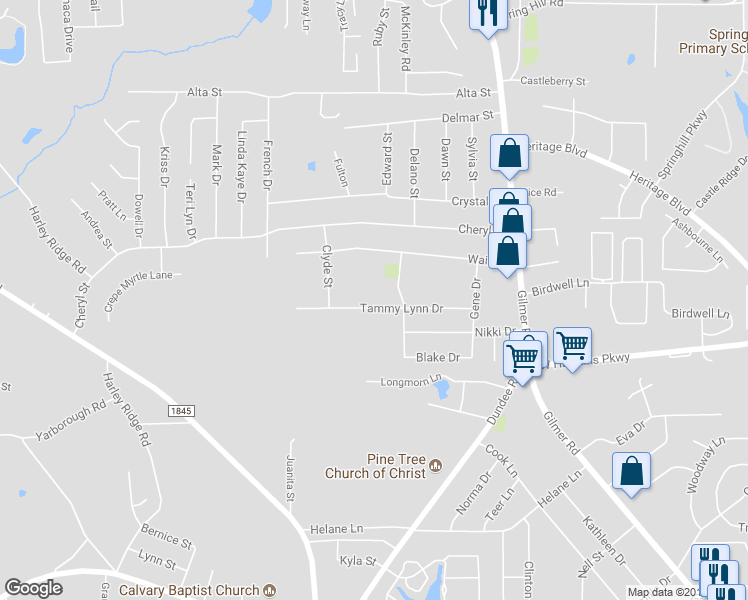 map of restaurants, bars, coffee shops, grocery stores, and more near 407 Tammy Lynn Drive in Longview