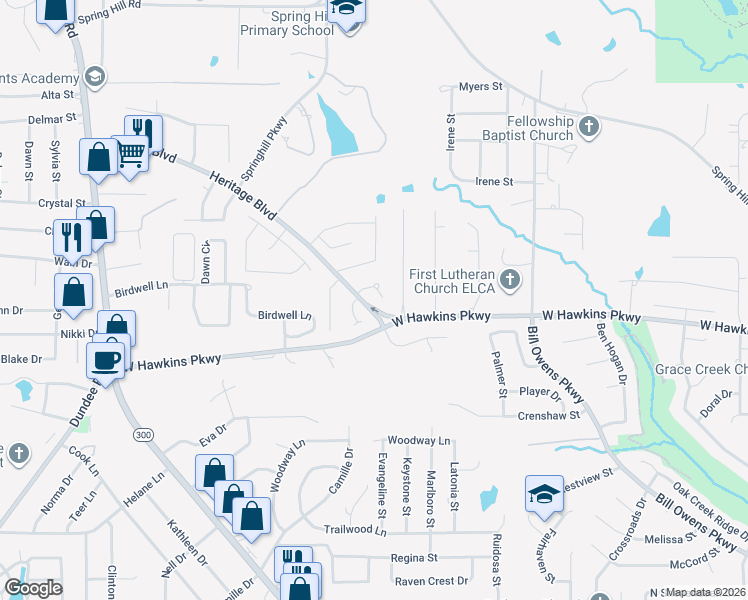 map of restaurants, bars, coffee shops, grocery stores, and more near 3704 Cabec Drive in Longview
