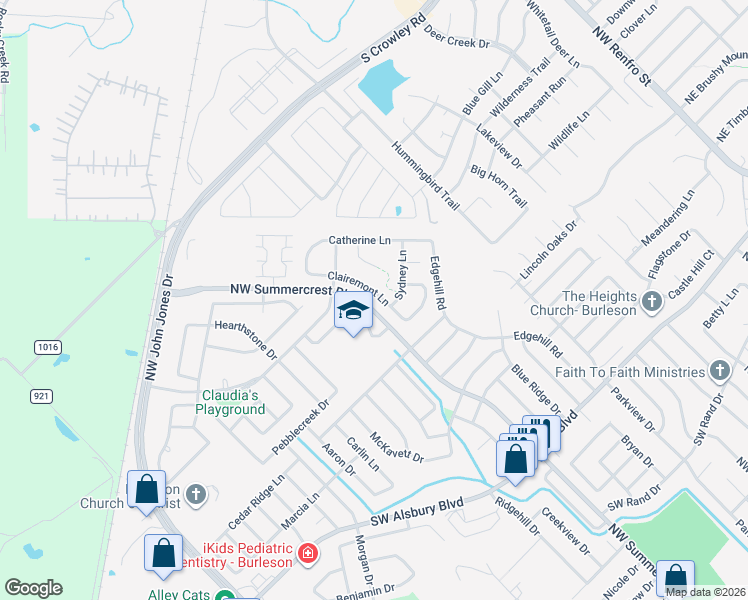 map of restaurants, bars, coffee shops, grocery stores, and more near 1132 Clairemont Lane in Burleson