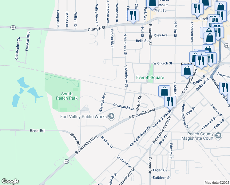 map of restaurants, bars, coffee shops, grocery stores, and more near 708 Princess Avenue in Fort Valley