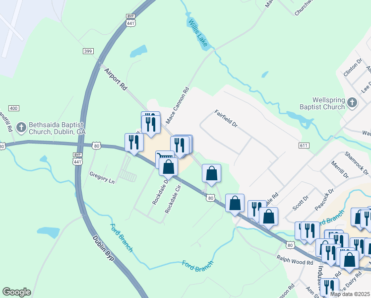 map of restaurants, bars, coffee shops, grocery stores, and more near 2421 US Highway 80 West in Dublin