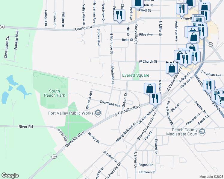 map of restaurants, bars, coffee shops, grocery stores, and more near 237 Oaklawn Street in Fort Valley