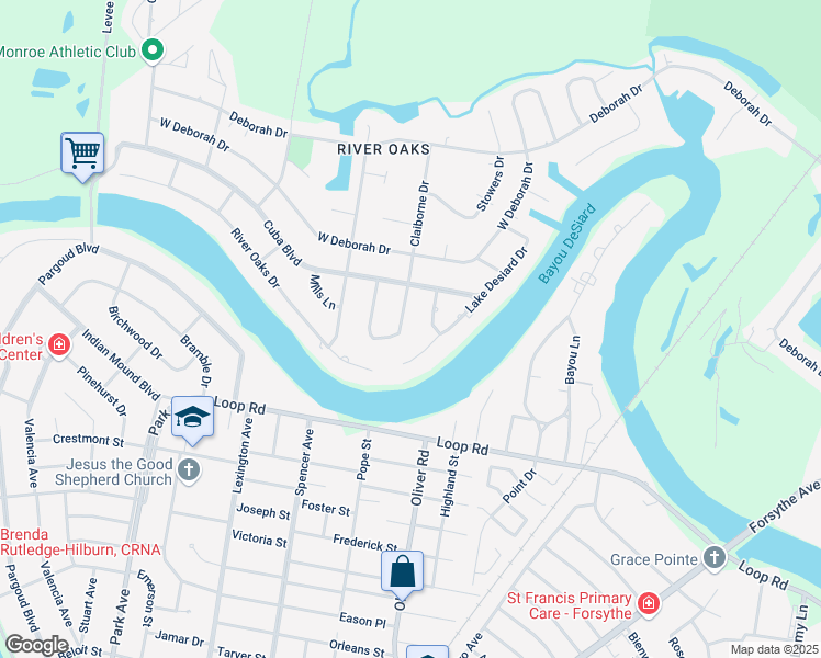 map of restaurants, bars, coffee shops, grocery stores, and more near 3205 Claiborne Cir in Monroe