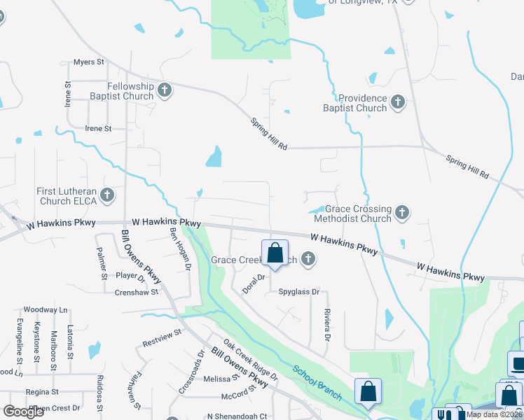 map of restaurants, bars, coffee shops, grocery stores, and more near 1602 Valley Brook Lane in Longview