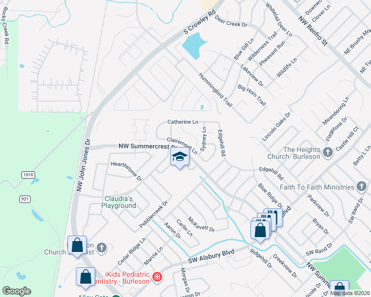 map of restaurants, bars, coffee shops, grocery stores, and more near 1132 Clairemont Lane in Burleson