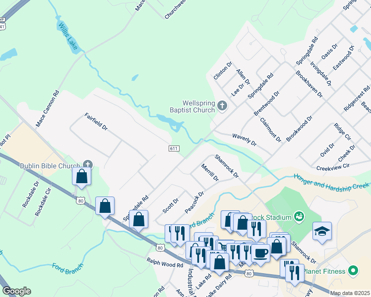 map of restaurants, bars, coffee shops, grocery stores, and more near 1812 Springdale Road in Dublin