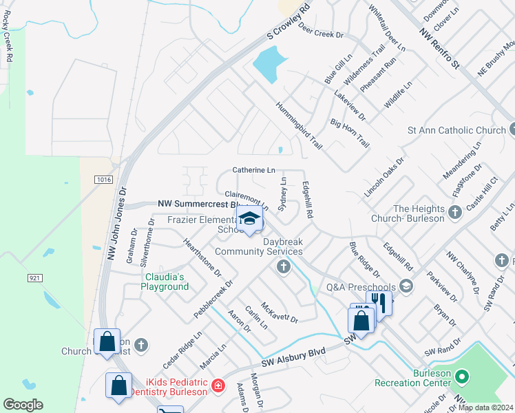 map of restaurants, bars, coffee shops, grocery stores, and more near 1140 Clairmont Lane in Burleson
