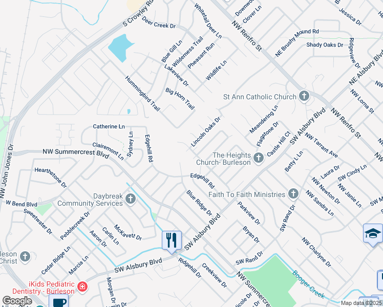 map of restaurants, bars, coffee shops, grocery stores, and more near 1022 Francine Court in Burleson