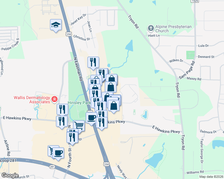 map of restaurants, bars, coffee shops, grocery stores, and more near 3096 North Eastman Road in Longview