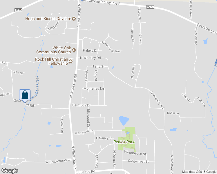 map of restaurants, bars, coffee shops, grocery stores, and more near 1311 North Whatley Road in White Oak