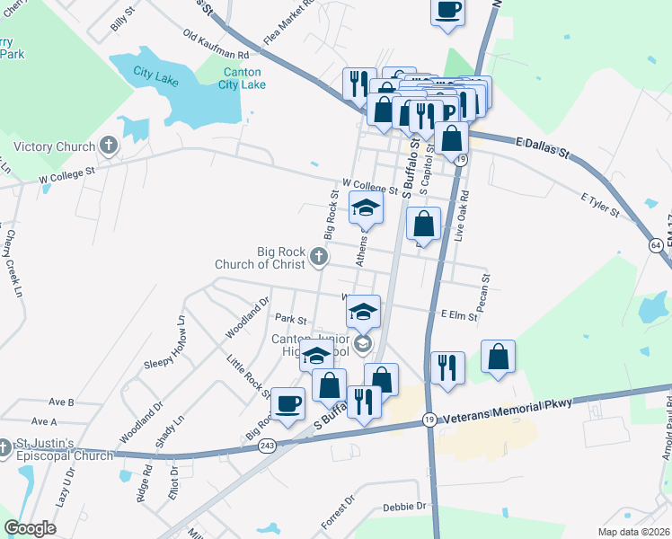 map of restaurants, bars, coffee shops, grocery stores, and more near 727 Big Rock Street in Canton