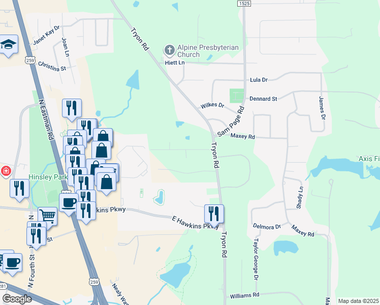 map of restaurants, bars, coffee shops, grocery stores, and more near 239 Beaty Drive in Longview