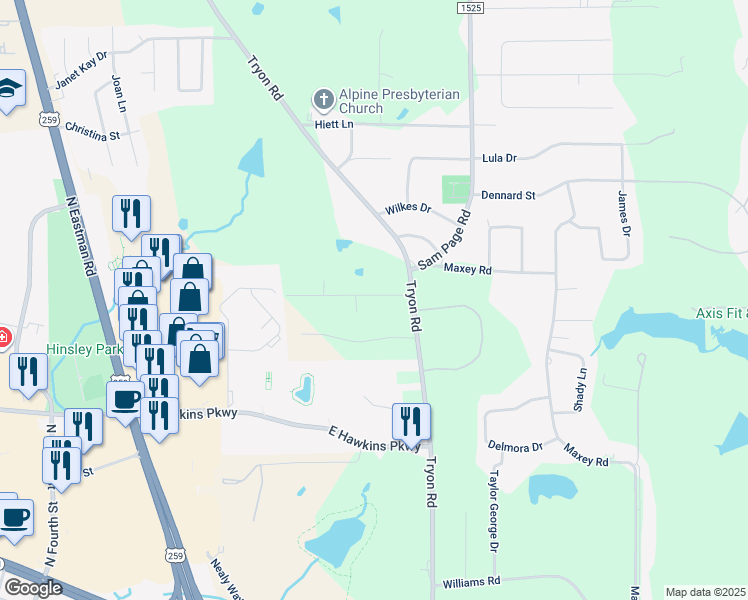 map of restaurants, bars, coffee shops, grocery stores, and more near 239-255 Beaty Drive in Longview