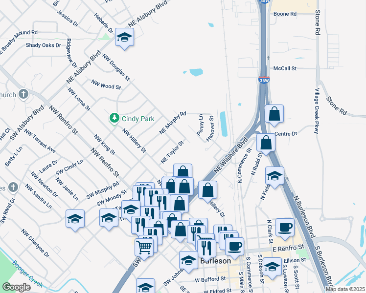 map of restaurants, bars, coffee shops, grocery stores, and more near 313 Northeast Taylor Street in Burleson
