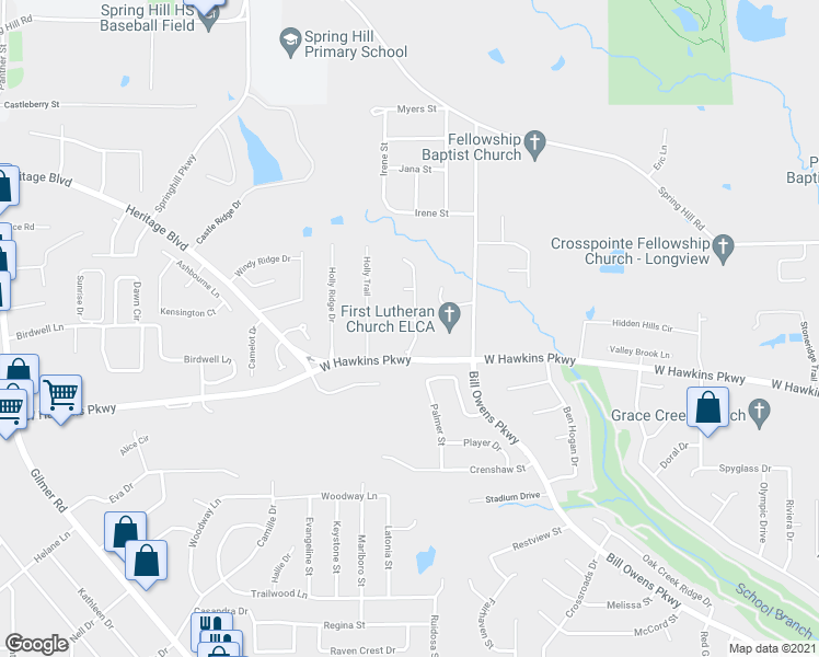map of restaurants, bars, coffee shops, grocery stores, and more near 2400 Sugar Creek Circle in Longview