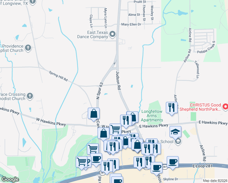 map of restaurants, bars, coffee shops, grocery stores, and more near 3401 Judson Road in Longview