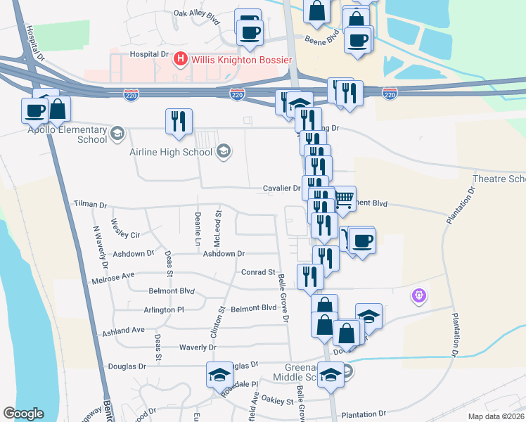 map of restaurants, bars, coffee shops, grocery stores, and more near 2719 Airline Drive in Bossier City