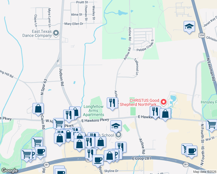 map of restaurants, bars, coffee shops, grocery stores, and more near 2 Tallwood Lane in Longview