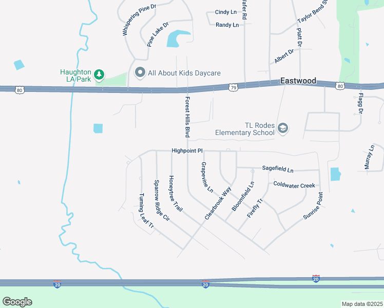 map of restaurants, bars, coffee shops, grocery stores, and more near 2001 Highpoint Place in Haughton