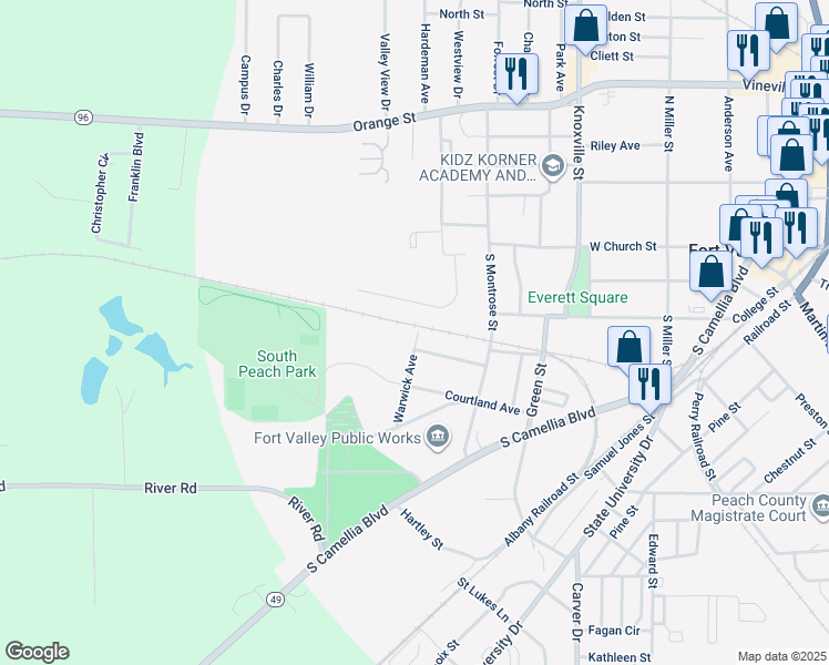 map of restaurants, bars, coffee shops, grocery stores, and more near 312 Warwick Avenue in Fort Valley