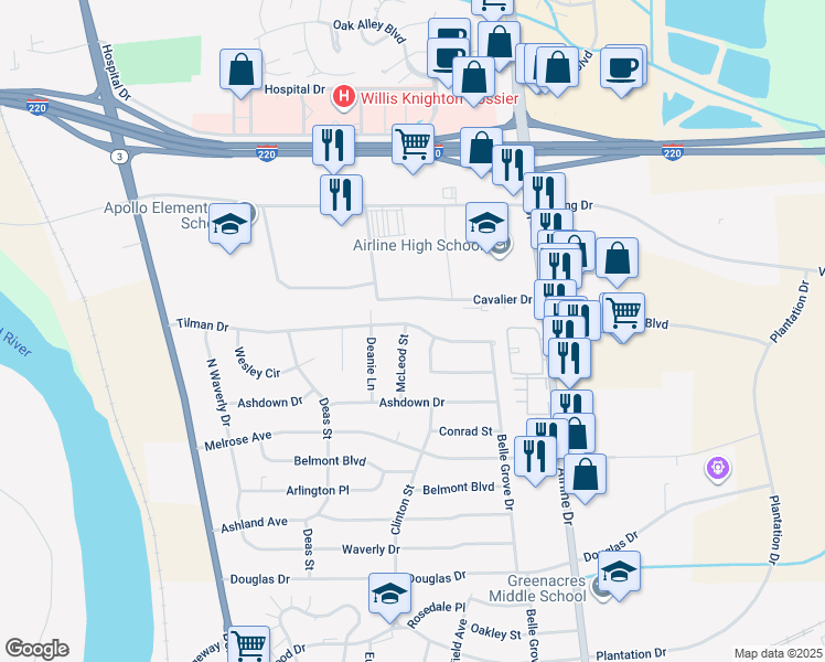 map of restaurants, bars, coffee shops, grocery stores, and more near 2502 Tilman Drive in Bossier City