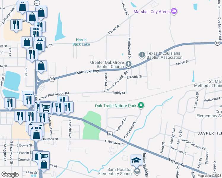 map of restaurants, bars, coffee shops, grocery stores, and more near 730 Baffo Road in Marshall