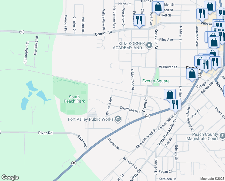 map of restaurants, bars, coffee shops, grocery stores, and more near 300 Warwick Avenue in Fort Valley