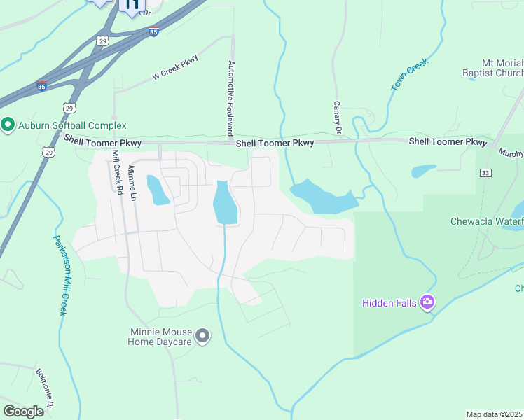 map of restaurants, bars, coffee shops, grocery stores, and more near 603 Shell Toomer Parkway in Auburn