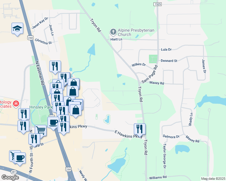 map of restaurants, bars, coffee shops, grocery stores, and more near 308 Beaty Drive in Longview