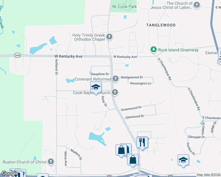 map of restaurants, bars, coffee shops, grocery stores, and more near 1503 Bourdeaux Drive in Ruston