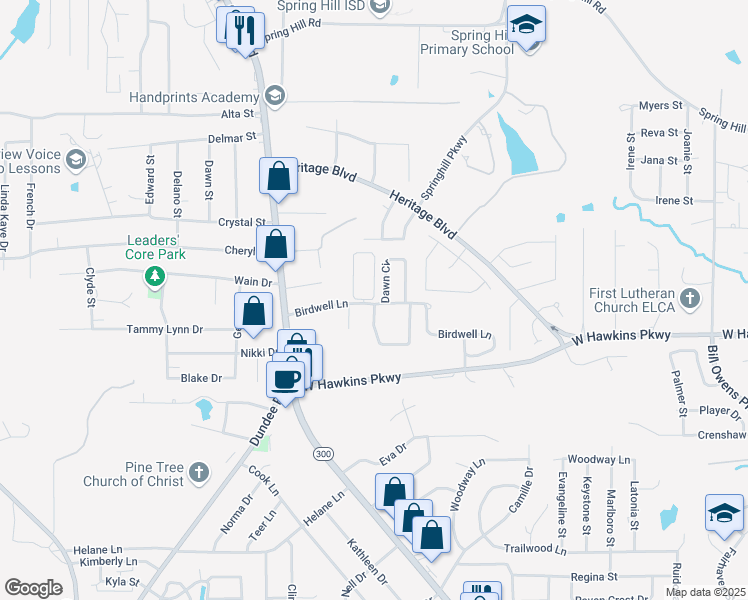 map of restaurants, bars, coffee shops, grocery stores, and more near 51 Sunrise Drive in Longview