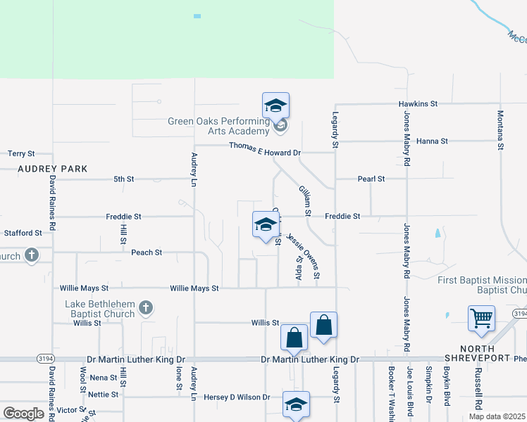map of restaurants, bars, coffee shops, grocery stores, and more near 2580 Freddie Street in Shreveport