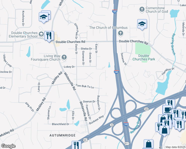 map of restaurants, bars, coffee shops, grocery stores, and more near 1550 Burrus Drive in Columbus
