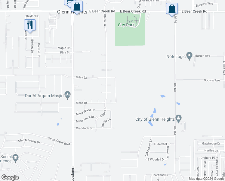 map of restaurants, bars, coffee shops, grocery stores, and more near 307 Tejas Drive in Glenn Heights