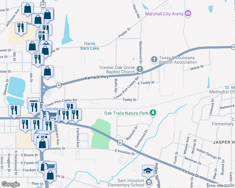 map of restaurants, bars, coffee shops, grocery stores, and more near 730 Baffo Road in Marshall