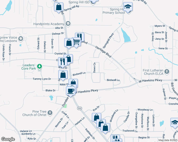 map of restaurants, bars, coffee shops, grocery stores, and more near 35 Dawn Circle in Longview