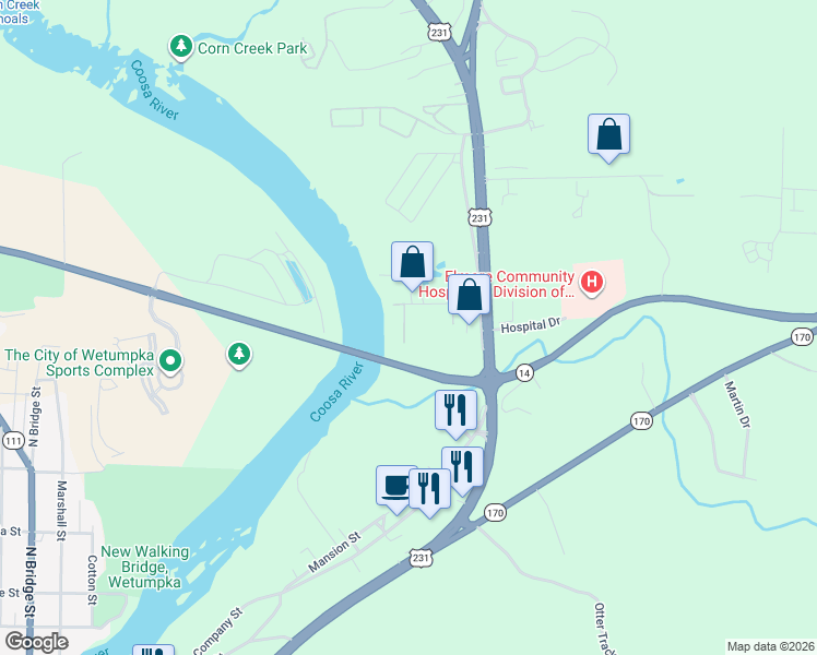 map of restaurants, bars, coffee shops, grocery stores, and more near 35 Cherry Street in Wetumpka