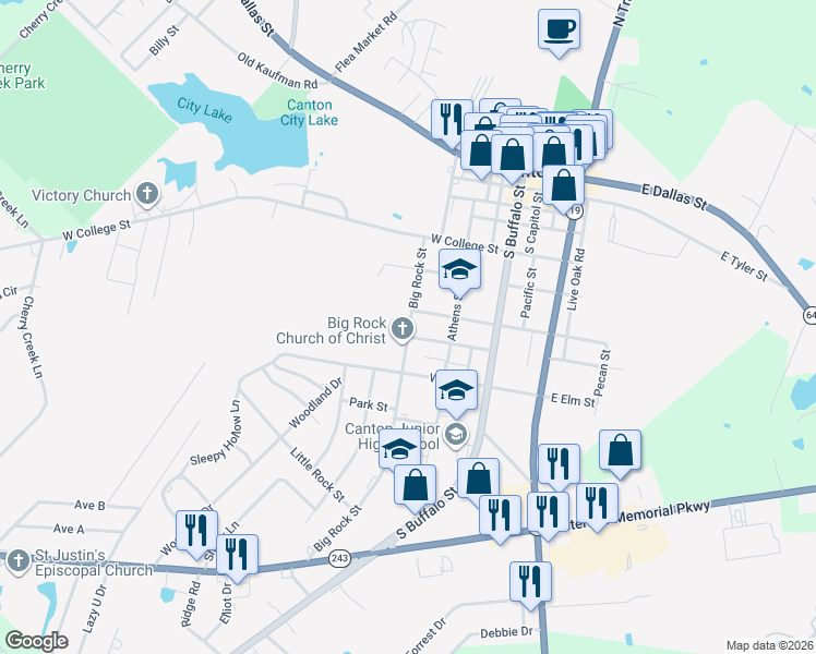 map of restaurants, bars, coffee shops, grocery stores, and more near 727 Big Rock Street in Canton