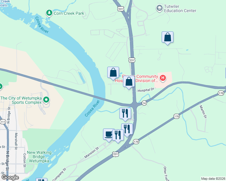 map of restaurants, bars, coffee shops, grocery stores, and more near 35 Cherry Street in Wetumpka