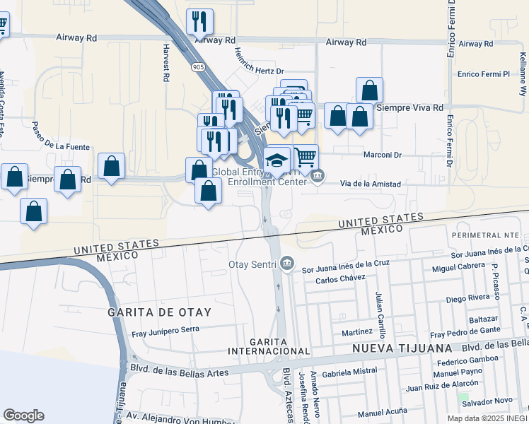 map of restaurants, bars, coffee shops, grocery stores, and more near Otay Mesa Freeway in San Diego