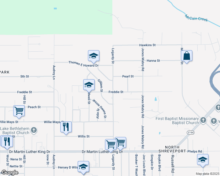 map of restaurants, bars, coffee shops, grocery stores, and more near 2439 Legardy Street in Shreveport