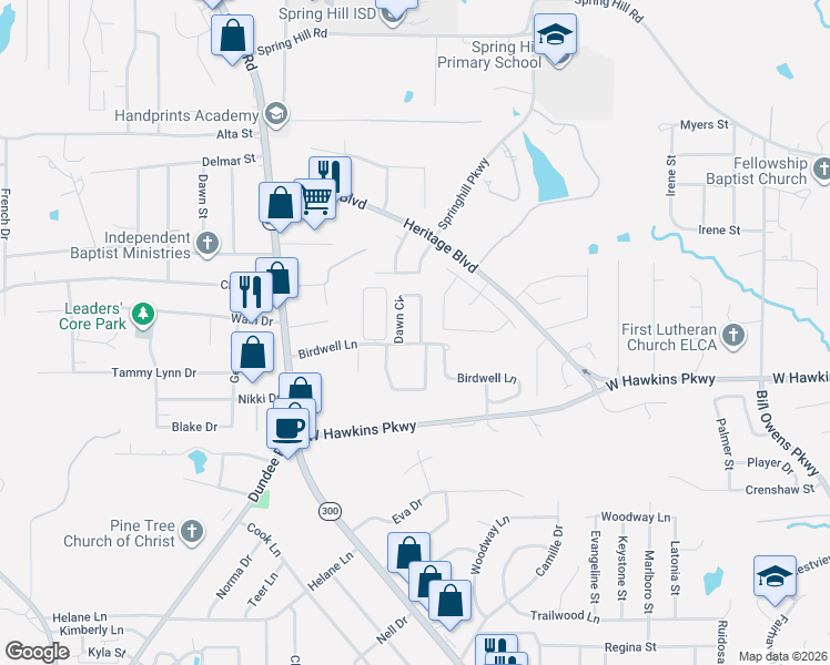 map of restaurants, bars, coffee shops, grocery stores, and more near 3 Dawn Circle in Longview