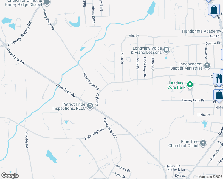 map of restaurants, bars, coffee shops, grocery stores, and more near 809 Crepe Myrtle Lane in Longview