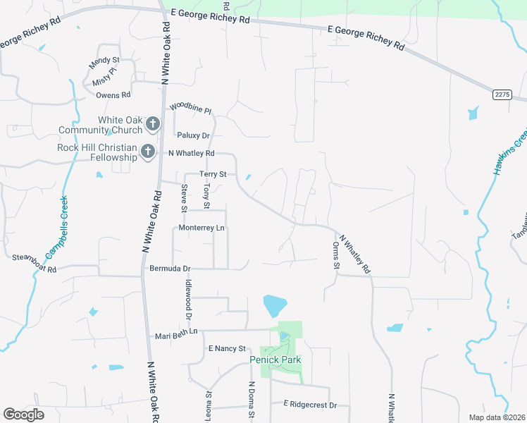 map of restaurants, bars, coffee shops, grocery stores, and more near 1309 North Whatley Road in White Oak