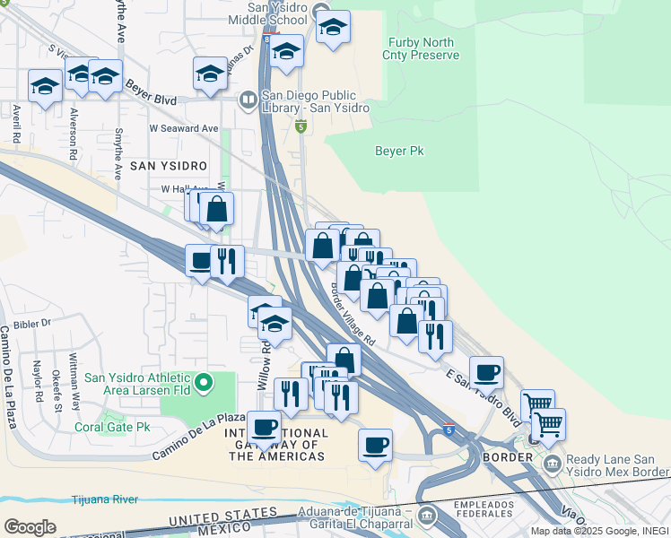 map of restaurants, bars, coffee shops, grocery stores, and more near 323 East San Ysidro Boulevard in San Diego