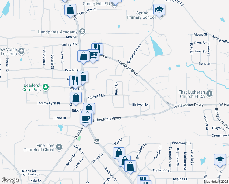map of restaurants, bars, coffee shops, grocery stores, and more near 35 Dawn Circle in Longview