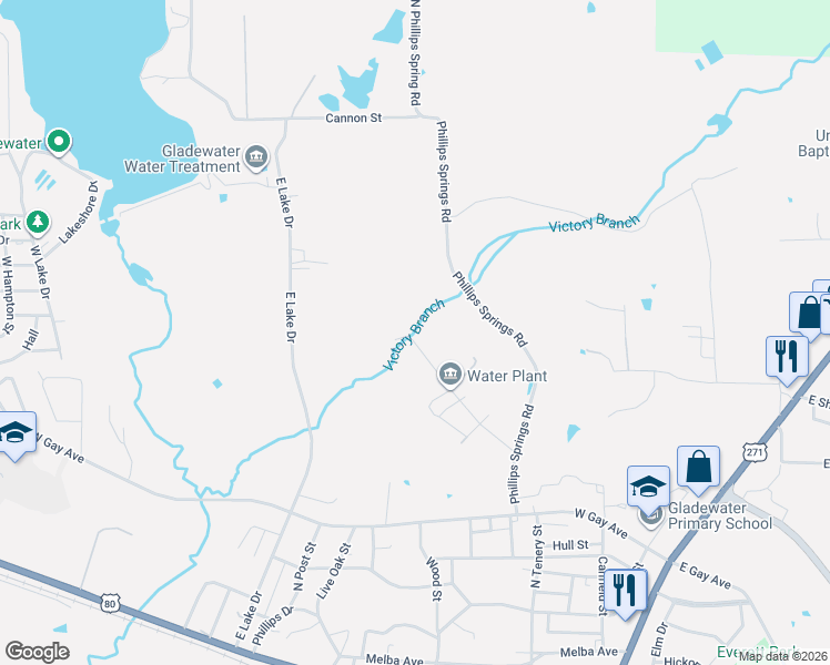 map of restaurants, bars, coffee shops, grocery stores, and more near 520 Paradise Hill Road in Gladewater