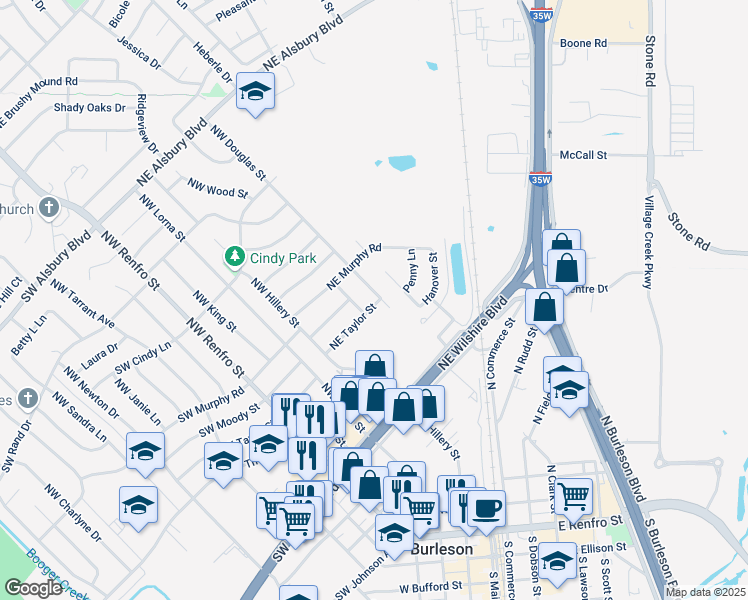 map of restaurants, bars, coffee shops, grocery stores, and more near 313 Northeast Taylor Street in Burleson