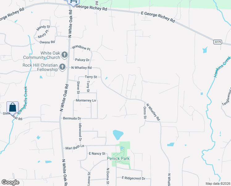 map of restaurants, bars, coffee shops, grocery stores, and more near 1309 North Whatley Road in White Oak