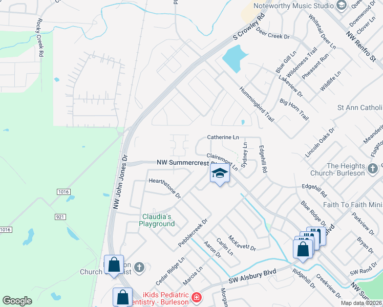 map of restaurants, bars, coffee shops, grocery stores, and more near 1340 Catherine Lane in Burleson